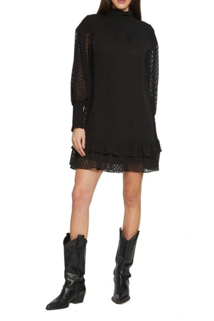 Walter Baker Womens Large Nessy Chevron Ruffle Long Sleeve High Neck Dress Black